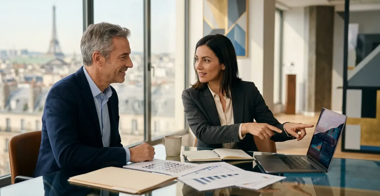 Propriétaire consultant des documents de gestion locative avec une conseillère immobilière dans un bureau moderne