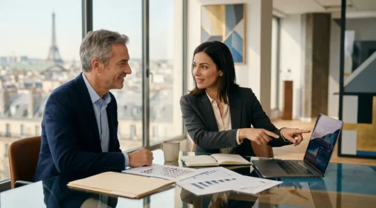 Propriétaire consultant des documents de gestion locative avec une conseillère immobilière dans un bureau moderne