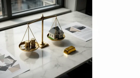 Vue en perspective d'un bureau moderne avec différents éléments symbolisant l'équilibre de l'allocation d'actifs dans un portefeuille d'investissement