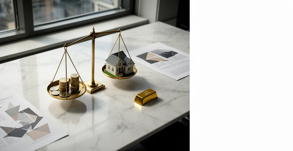 Vue en perspective d'un bureau moderne avec différents éléments symbolisant l'équilibre de l'allocation d'actifs dans un portefeuille d'investissement