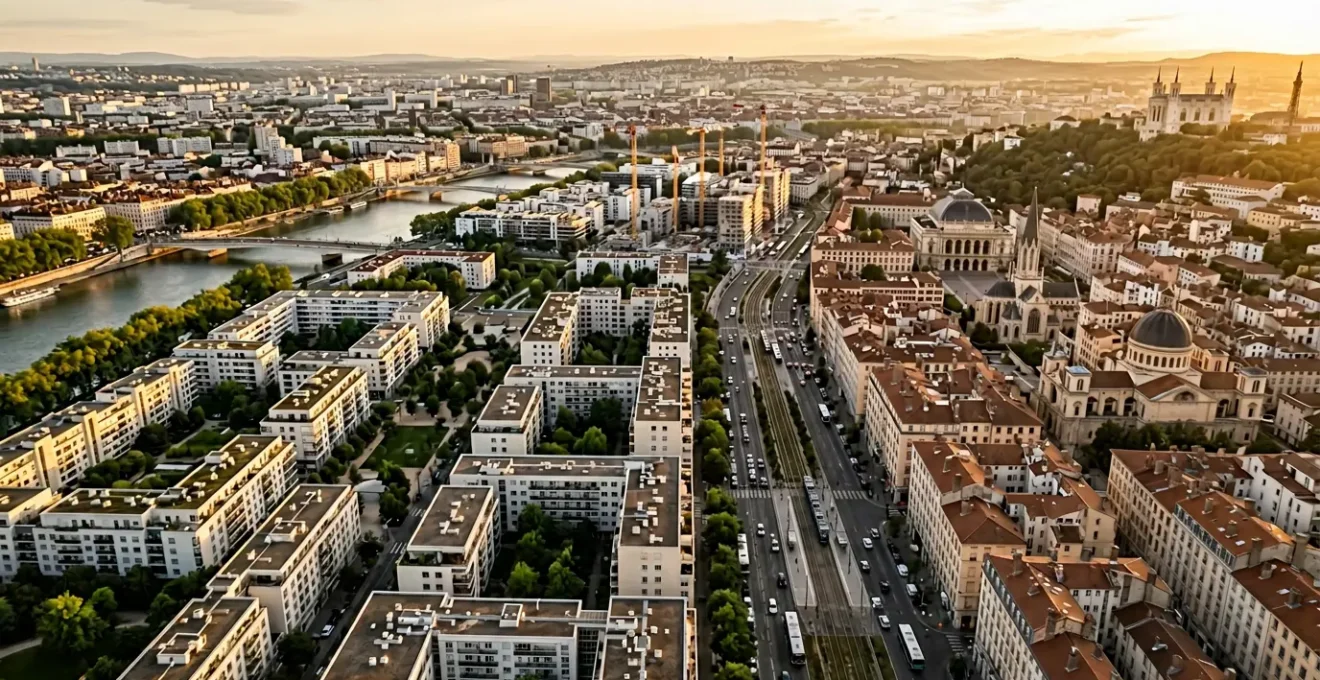 Vue aérienne d'une métropole française dynamique avec quartiers résidentiels et flux d'activité urbaine