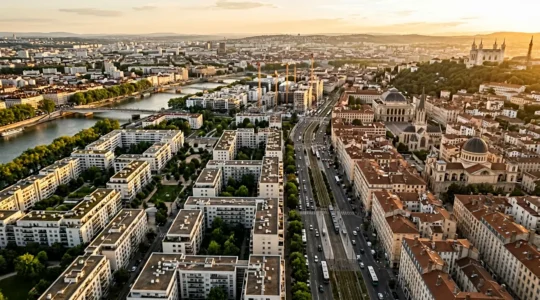 Vue aérienne d'une métropole française dynamique avec quartiers résidentiels et flux d'activité urbaine