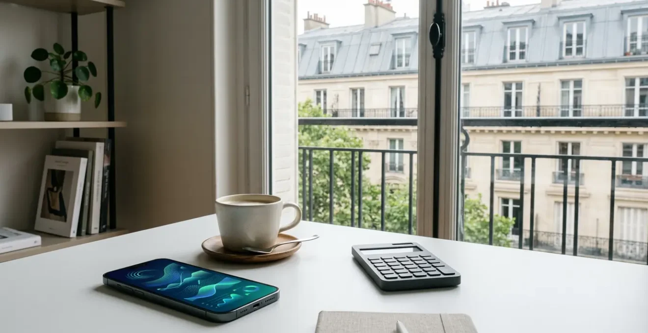 Smartphone moderne affichant des graphiques financiers dans un environnement de bureau épuré avec lumière naturelle