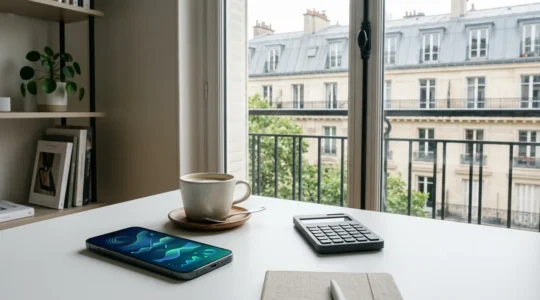 Smartphone moderne affichant des graphiques financiers dans un environnement de bureau épuré avec lumière naturelle