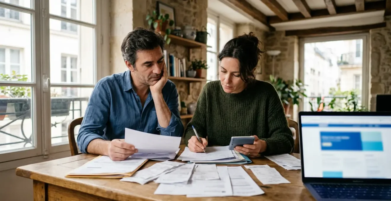 Couple français calculant leurs économies d'impôt avec des factures de services à domicile sur une table en bois
