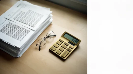 Vue aérienne d'un bureau avec calculatrice, documents fiscaux et lunettes, symbolisant la planification des économies d'impôt