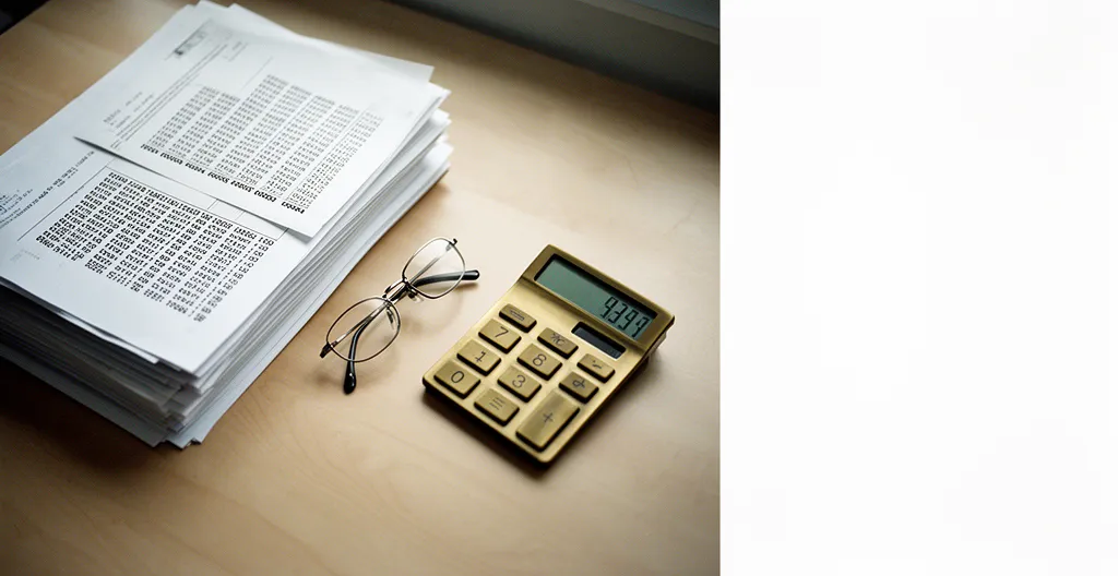 Vue aérienne d'un bureau avec calculatrice, documents fiscaux et lunettes, symbolisant la planification des économies d'impôt