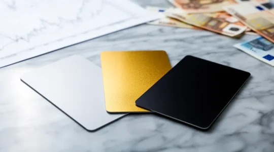 Vue comparative de trois cartes bancaires (Standard, Gold et Black) disposées en éventail sur une surface en marbre avec des graphiques de dépenses flous en arrière-plan