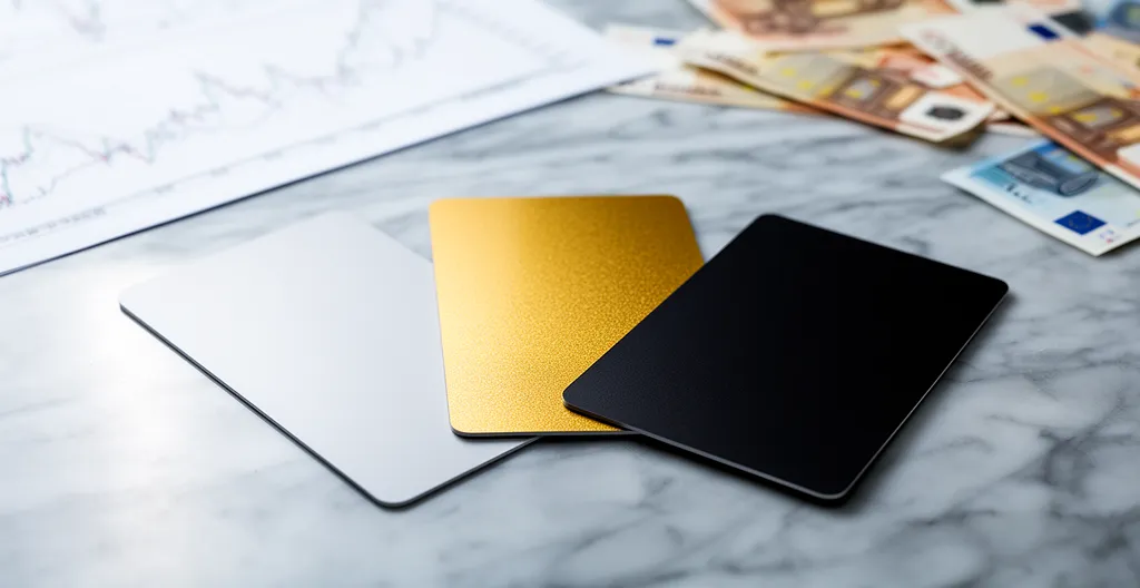 Vue comparative de trois cartes bancaires (Standard, Gold et Black) disposées en éventail sur une surface en marbre avec des graphiques de dépenses flous en arrière-plan