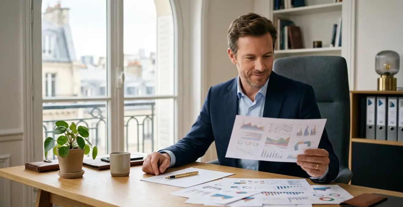 Conseiller analysant des graphiques financiers dans un bureau lumineux