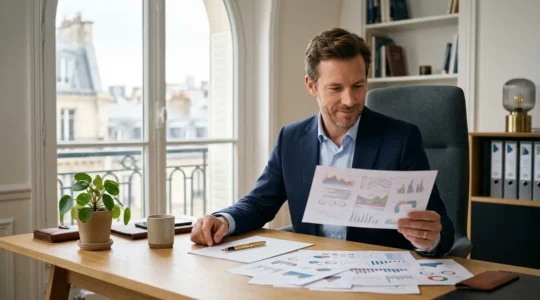 Conseiller analysant des graphiques financiers dans un bureau lumineux