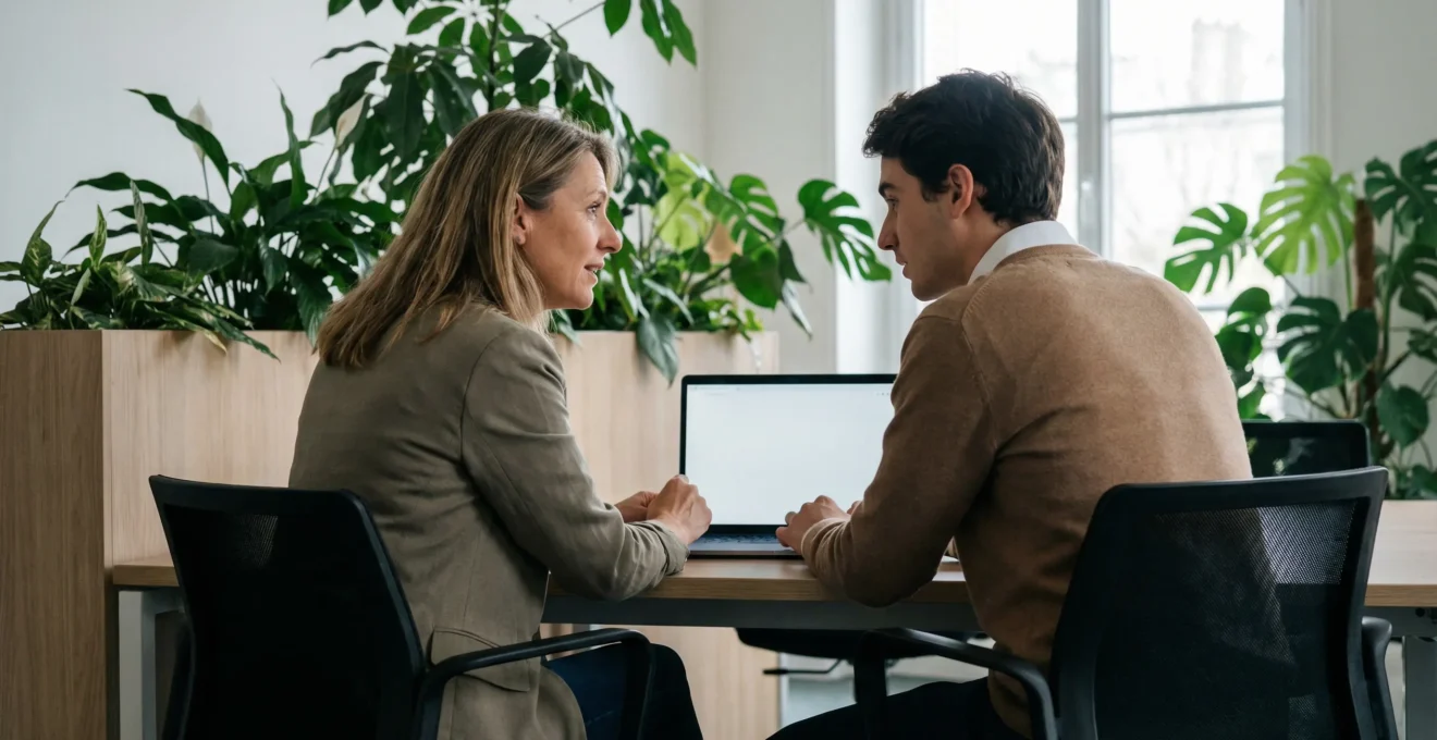 Conseillère professionnelle accompagnant un jeune entrepreneur sur ses dossiers d'aides création