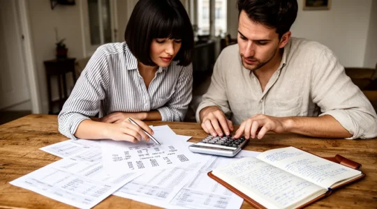 Couple calculant leur budget d'épargne pour constituer un apport immobilier avec calculatrice et documents financiers