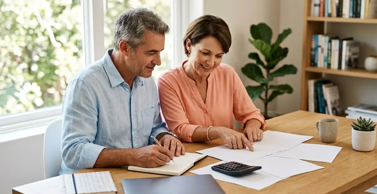 Couple de quinquagénaires étudiant des documents financiers dans un bureau lumineux