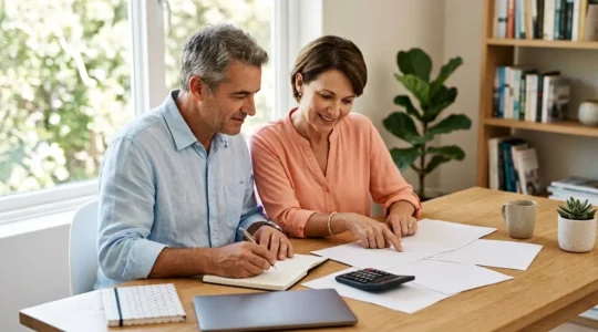 Couple de quinquagénaires étudiant des documents financiers dans un bureau lumineux