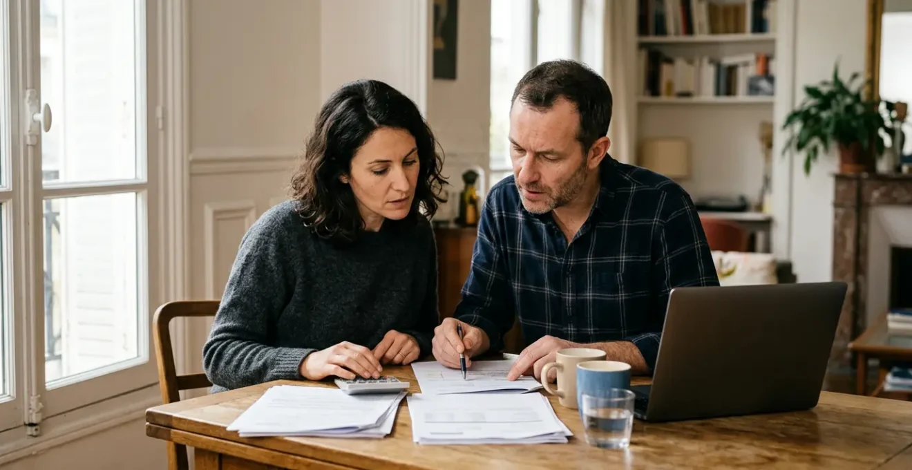 Couple analysant leurs documents financiers pour un crédit immobilier