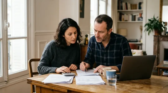 Couple analysant leurs documents financiers pour un crédit immobilier