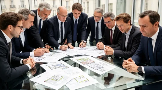 Investisseurs diversifiés examinant des documents d'analyse de projets immobiliers dans un bureau moderne français
