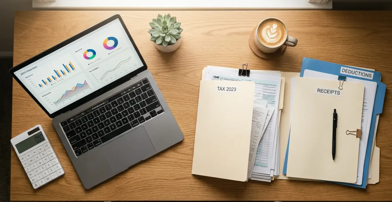 Bureau moderne avec documents fiscaux organisés, calculatrice et ordinateur portable montrant des graphiques financiers