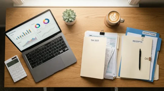 Bureau moderne avec documents fiscaux organisés, calculatrice et ordinateur portable montrant des graphiques financiers