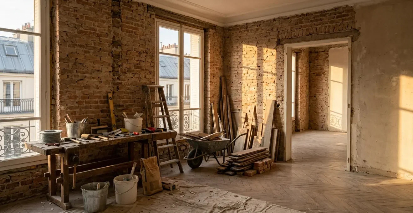 Rénovation d'un bien immobilier ancien avec des outils de travaux et des documents fiscaux