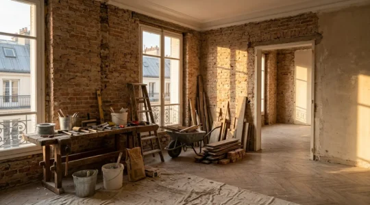 Rénovation d'un bien immobilier ancien avec des outils de travaux et des documents fiscaux