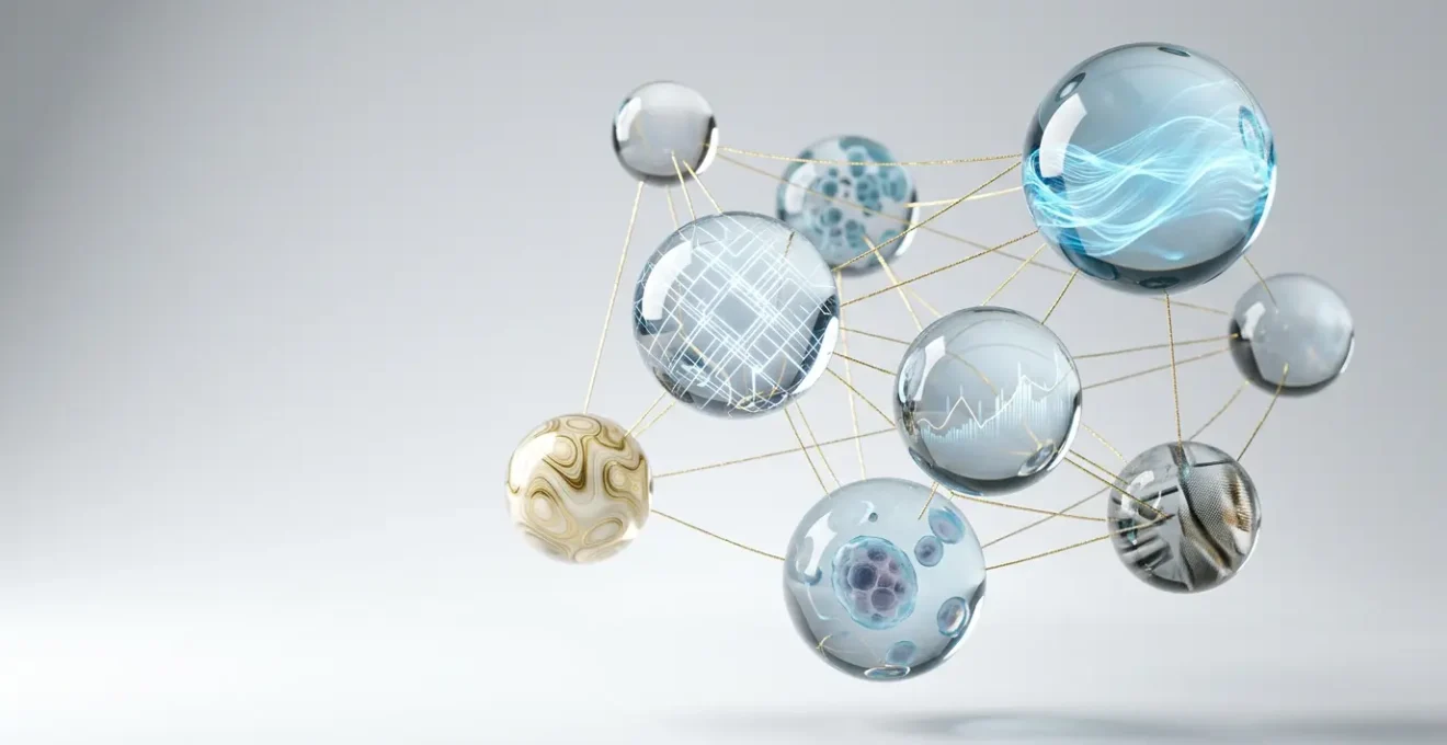 Équilibre dynamique d'un portefeuille d'investissement diversifié représenté par des sphères interconnectées