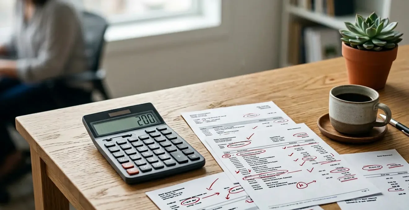 Calculatrice moderne et relevés bancaires avec marquages de frais, sur un bureau épuré avec plante verte