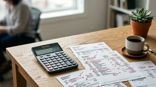 Calculatrice moderne et relevés bancaires avec marquages de frais, sur un bureau épuré avec plante verte