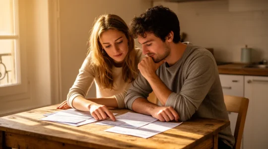 Couple analysant son budget familial sur table en bois avec calculatrice, documents financiers et tirelire, ambiance chaleureuse et organisée
