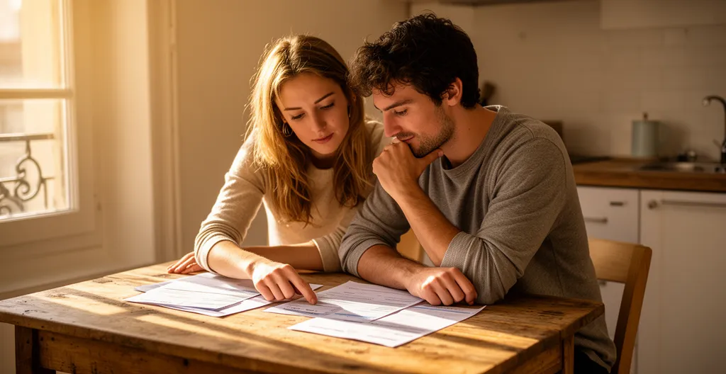 Couple analysant son budget familial sur table en bois avec calculatrice, documents financiers et tirelire, ambiance chaleureuse et organisée