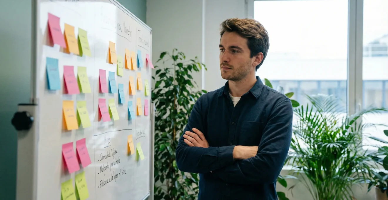 Jeune entrepreneur français en réflexion devant un planning mural avec post-its colorés