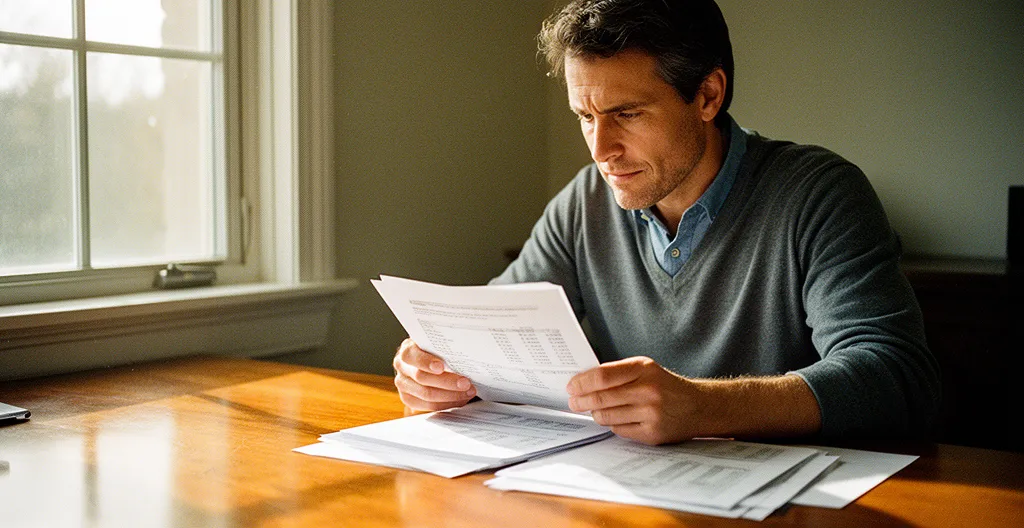 Personne consultant ses documents financiers avec une tirelire et une calculatrice sur un bureau en bois