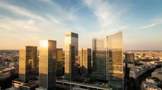 Vue aérienne du quartier financier de La Défense à Paris avec ses gratte-ciels modernes baignés de lumière dorée