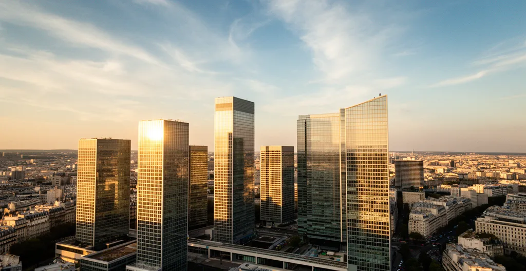 Vue aérienne du quartier financier de La Défense à Paris avec ses gratte-ciels modernes baignés de lumière dorée