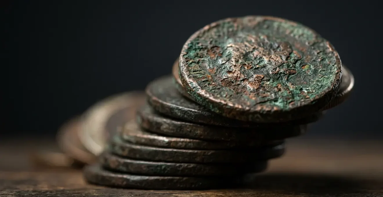 Vue en macro d'une pile de pièces érodées par le temps