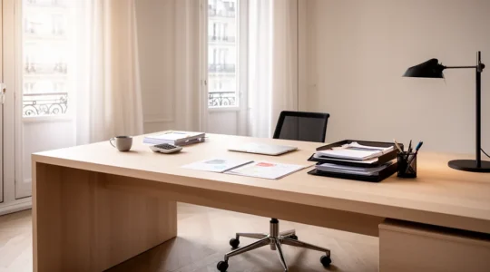 Vue d'un bureau moderne avec calculatrice, graphiques budgétaires et tirelire élégante représentant l'épargne mensuelle