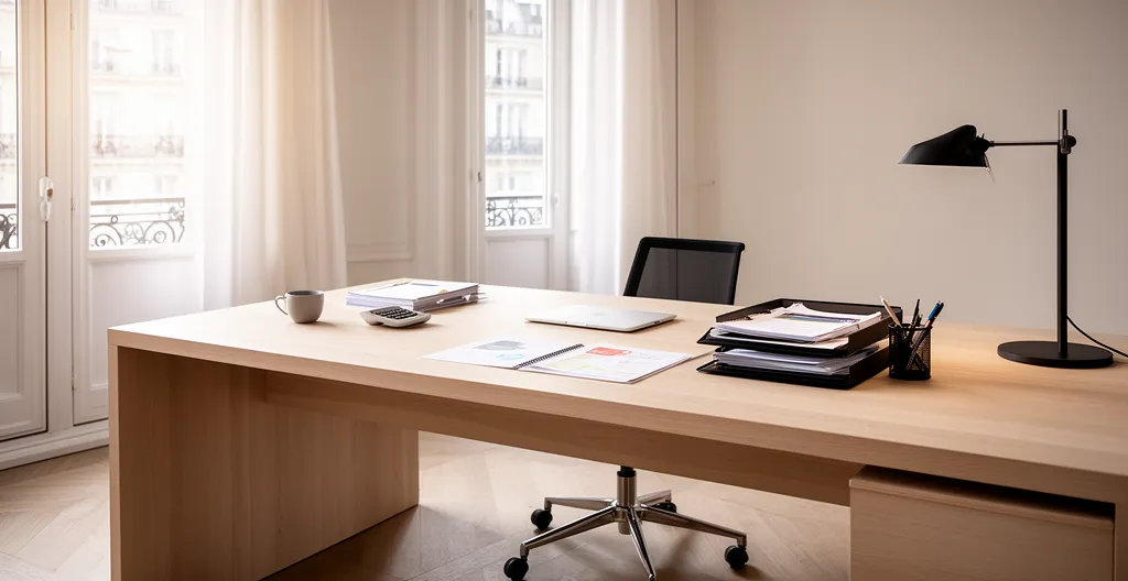 Vue d'un bureau moderne avec calculatrice, graphiques budgétaires et tirelire élégante représentant l'épargne mensuelle