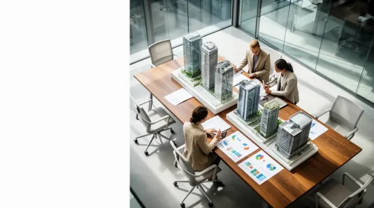 Vue en plongée d'un bureau moderne avec documents immobiliers et graphiques financiers