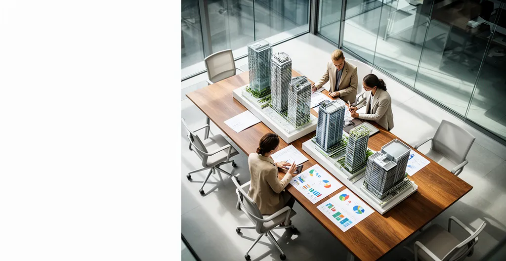 Vue en plongée d'un bureau moderne avec documents immobiliers et graphiques financiers