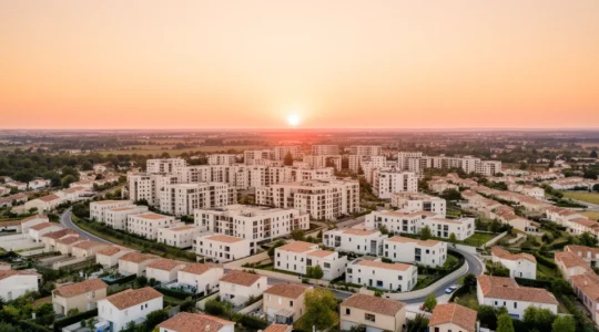 Vue aérienne d'un quartier résidentiel français avec immeubles et maisons générant des revenus locatifs