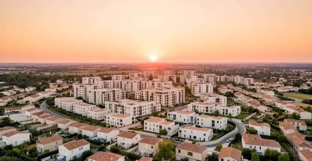 Vue aérienne d'un quartier résidentiel français avec immeubles et maisons générant des revenus locatifs