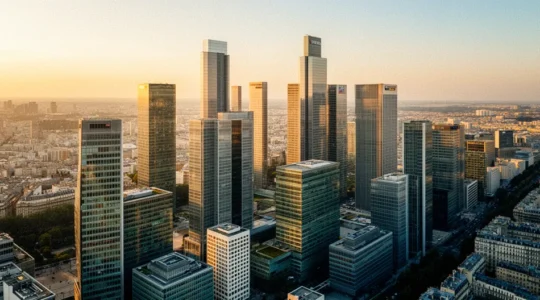 Vue panoramique d'immeubles de bureaux modernes à La Défense avec investisseurs analysant des documents