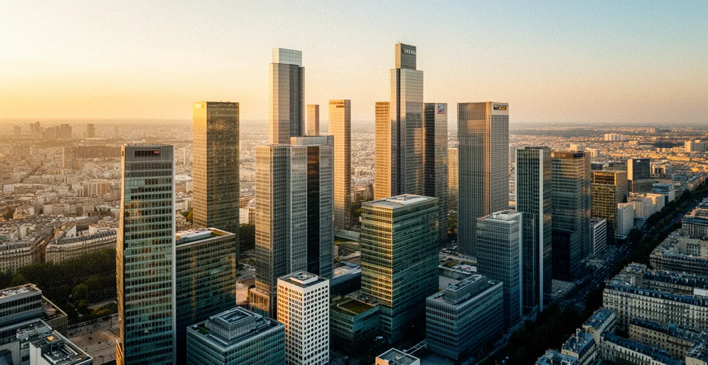 Vue panoramique d'immeubles de bureaux modernes à La Défense avec investisseurs analysant des documents