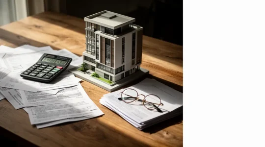 Analyse d'investissement Pinel avec documents fiscaux et maquette d'immeuble neuf
