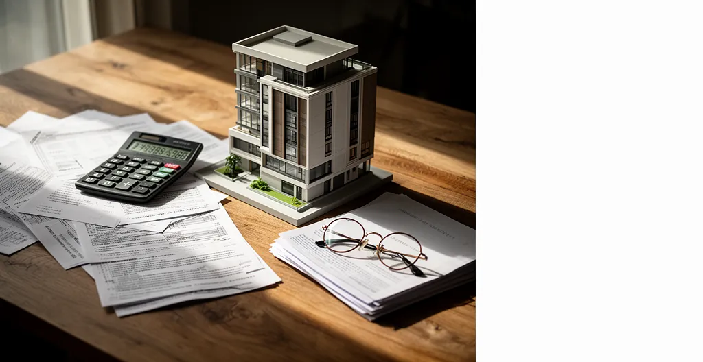 Analyse d'investissement Pinel avec documents fiscaux et maquette d'immeuble neuf