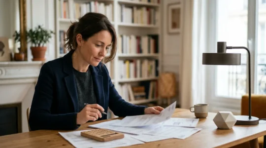 Investisseur analysant des documents fiscaux et calculant ses économies d'impôts LMNP dans un bureau moderne