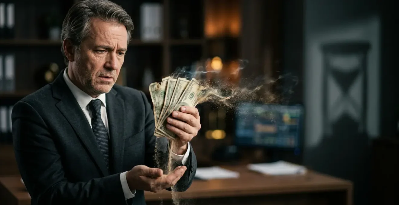 Investisseur prudent examinant des billets qui s'effacent symbolisant l'érosion du pouvoir d'achat face à l'inflation