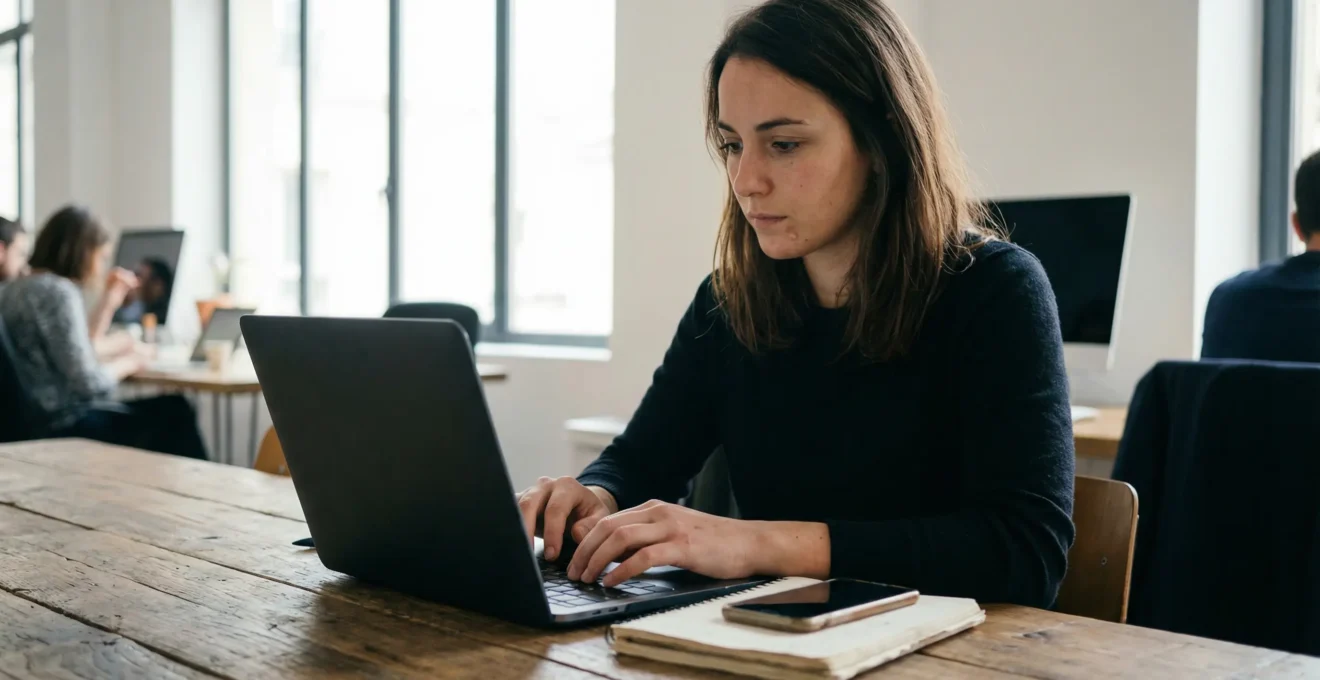 Jeune entrepreneure française concentrée sur son projet de création d'entreprise dans un espace de coworking moderne
