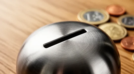 Vue macro d'une tirelire moderne métallique sur un bureau en bois avec des pièces européennes et des billets floutés en arrière-plan